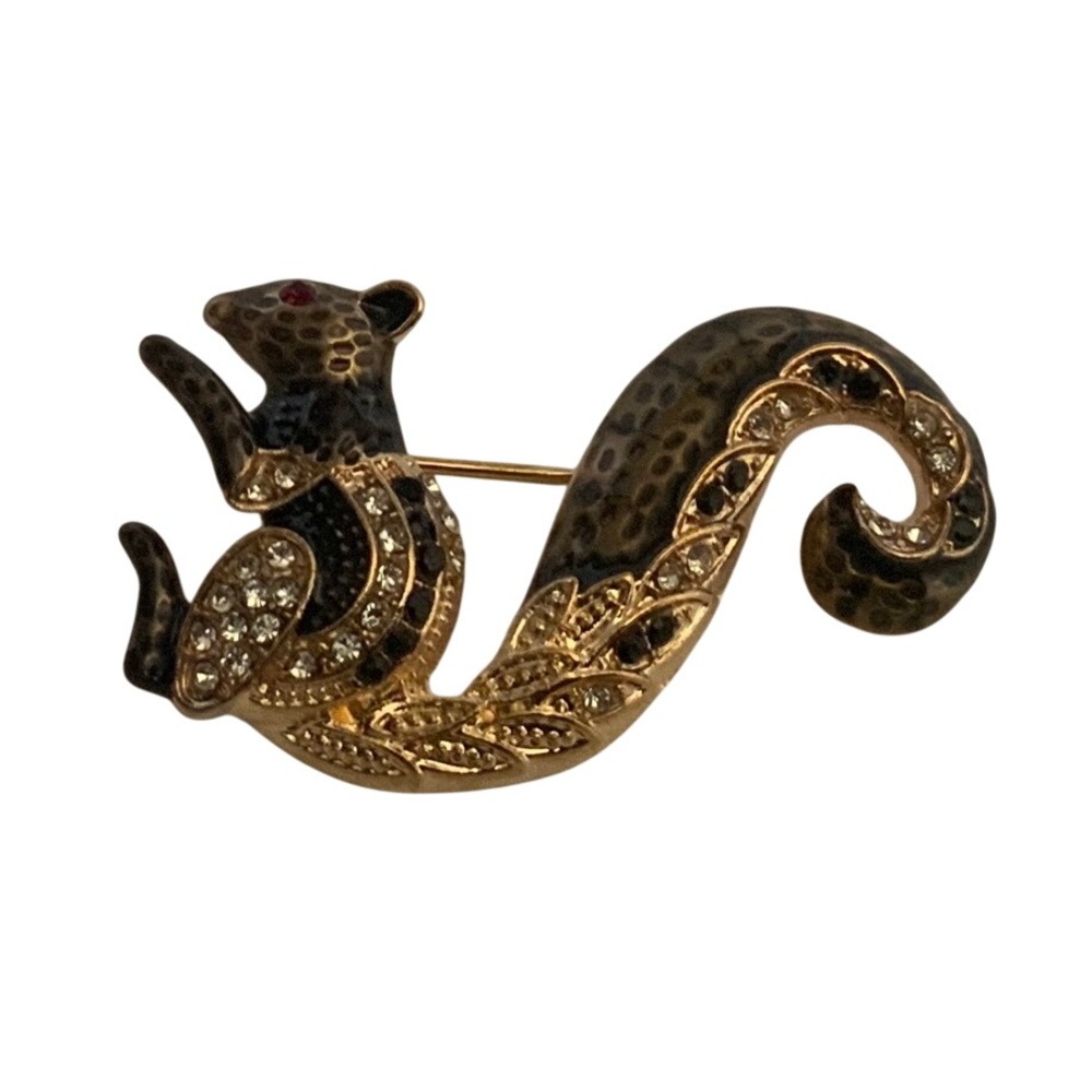 Vintage Squirrel Brooch Gold Tone Leopard Enamel Rhinestone Animal Pin